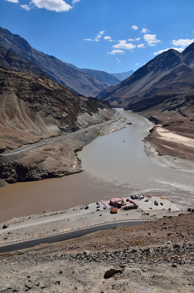 The Sangam point- the confluence of rivers Sindh (with muddier waters) and Zashkar (clearer water) at Leh