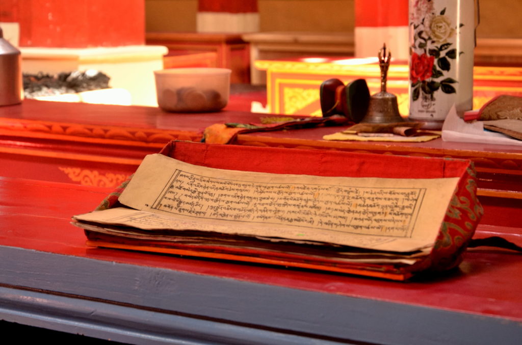 An open Buddhist religious book at Hemis Monastery, Leh, India. 