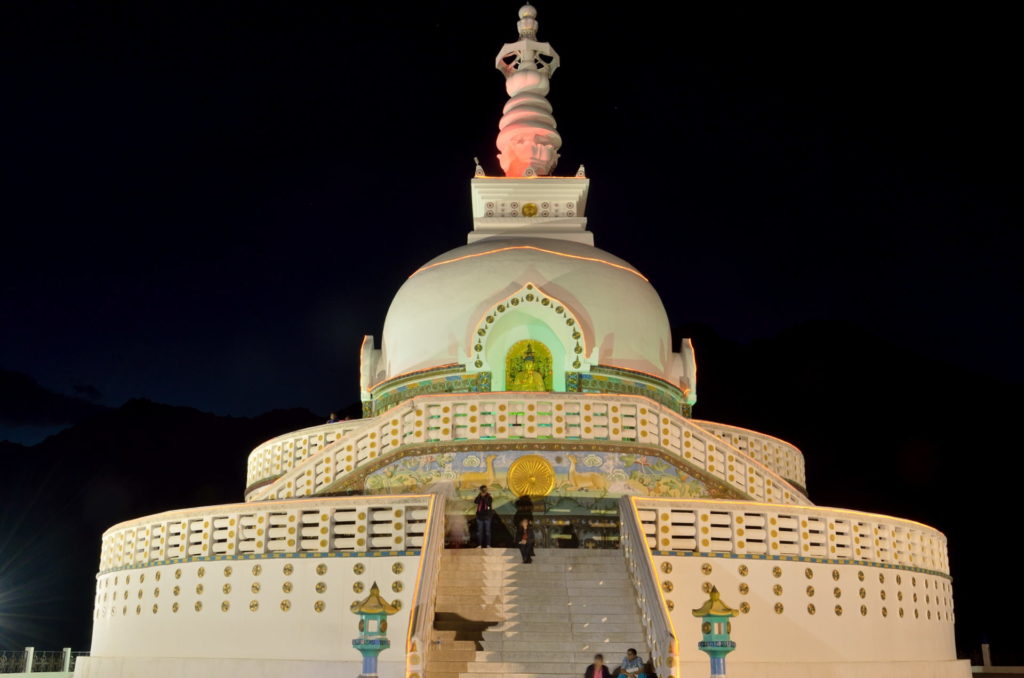 The Shanti Stupa after sunset.