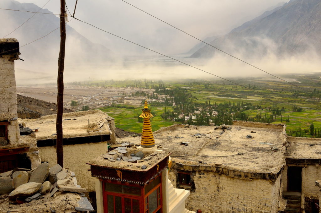 The dust storm approaching us near the base of the Diskit Monastery.