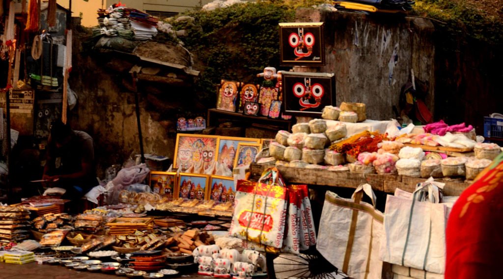 The shops selling the pictures of Lord Jagannath outside Shri Jagannath Dham in Puri, Odisha.